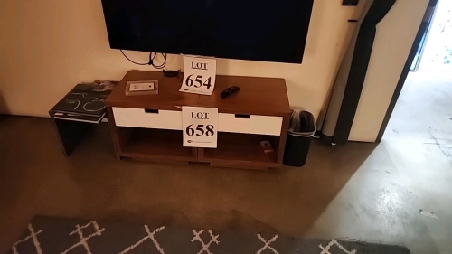 ASSORTED STUDIO FURNITURE INCLUDING COUCH, CHAIR, COFFEE TABLE, END TABLES, LAMPS, CREDENZA, MINIFRIDGE, AND RUG