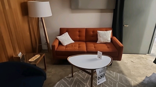 ASSORTED STUDIO FURNITURE INCLUDING COUCH, CHAIRS, END TABLES, COFFEE TABLE, COAT RACK, ROLLING DRAWERS, LAMPS, AND RUG
