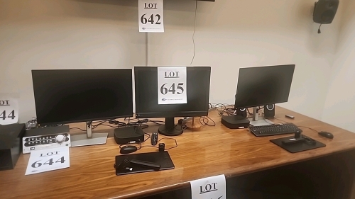 LOT OF WORKSTATION INCLUDING (3) MONITORS, (2) HP THINCLIENT MINIPCS, (2) WACOM INTUOS PRO DRAWING TABLETS WITH STYLUSES, KEYBOARD, MICE, AND DESKTOP SPEAKERS. DESK NOT INCLUDED