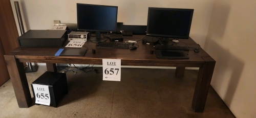 LOT OF WORKSTATION INCLUDING (2) MONITORS, (2) HP THINCLIENT MINI PCS, (2) WACOM INTUOS DRAWING TABLETS, KEYBOARDS, MICE, AND (1) 96"x39.25"x30" WOOD STUDIO PRODUCTION TABLE