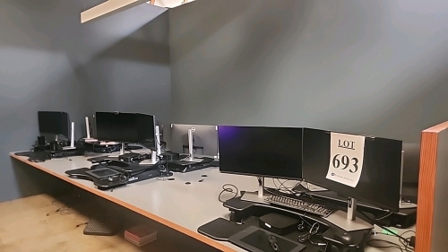 LOT OF (6) VFX WORKSTATIONS EACH INCLUDING (2) 27" DELL MONITORS, (1) HP THINCLIENT MINI PC, WACOM INTUOS DRAWING TABLET, MOUSE, KEYBOARD, AND VARIDESK SIT/STAND DESKTOP RISER