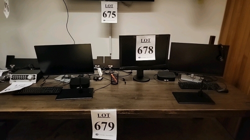 LOT OF WORKSTATION INCLUDING (3 ) MONITORS, (2) HP THINCLIENT MINIPCS, (2) WACOM INTUOS PRO DRAWING TABLETS WITH STYLUSES, KEYBOARDS, AND MICE. TABLE NOT INCLUDED