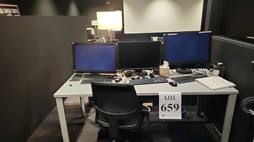 LOT OF WORKSTATION INCLUDING (3) MONITORS, (1) HP THINCLIENT MINI PC, KEYBOARDS, MICE, WORK TABLE, AND CHAIR.