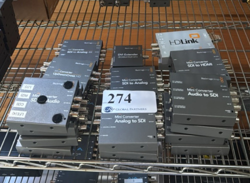LOT OF ASSORTED BLACKMAGIC DESIGN MINICONVERTERS INCLUDING (4) SDI TO AUDIO, (1) UPDOWNCROSS, (1) UPDOWNCROSS HD, (1) SDI TO ANALOG 4K, (1) SDI TO ANALOG, (2) ANALOG TO SDI, (4) AUDIO TO SDI, (3) SDI TO HDMI, (1) DVI EXTENDER, AND (2) HDLINK