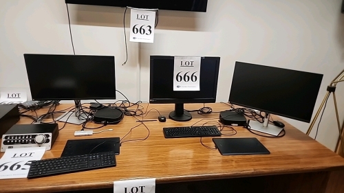 LOT OF WORKSTATION INCLUDING (3) MONITORS, (2) HP THINCLIENT MINI PCS, (2) WACOM INTUOS DRAWING TABLETS, KEYBOARDS, AND MICE. DESK NOT INCLUDED.
