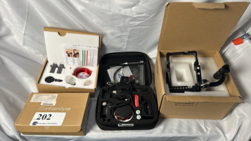 LOT OF (2) ENTANIYA REAR GROUP KITS, (1) TILTAMAX NUCLEUS N SINGLE CHANNEL WIRELESS LENS CONTROL KIT, AND (1) MOVCAM A7S CAMERA CAGE