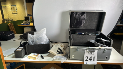 LOT OF FACEWARE TECHNOLOGIES FACIAL MOTION CAPTURE EQUIPMENT INCLUDING (3) HELMETS, (1) TERADECK BOLT WIRELESS HD VIDEO SYSTEM, (1) IKAN 7" MONITOR, (1) AJA KIPRORACK, (1) AJA U-TAP SDI CAPTURE MODULE, (2) BEBOB A45MICRI BATTERIES, ASSORTED CABLES, ROLLIN