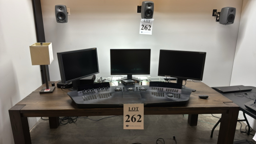 LOT OF WORKSTATION INCLUDING BLACKBOARD2 CONTROL SURFACE, (3) EIZO COLOREDGE MONITORS MODEL CG241W, (1) SPL SURROUND MONITOR CONTROLLER MODEL 2489, (1) 10ZIG ZERO-CLIENT MODEL 293D, (1) HP1740 THINCLIENT, AND (5) GENELEC 8030B SPEAKERS