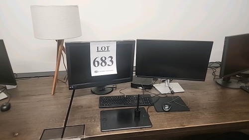 LOT OF WORKSTATIONS INCLUDING (12) MONITORS, (6) HP THINCLIENT MINI PCS, (6) WACOM INTUOS DRAWING TABLETS, KEYBOARDS, AND MICE. DESKS AND TABLES NOT INCLUDED.