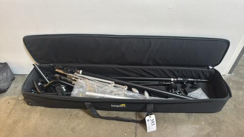 ASSORTED LIGHTSTAND EQUIPMENT WITH IMPACT SOFT ROLLING CASE