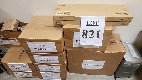 LOT OF MISCELLANEOUS COMPUTER EQUIPMENT, KEYBOARDS, SURGE PROTECTORS, CABLES, SPEAKERS, CABLE MANAGERS, AND JUNK