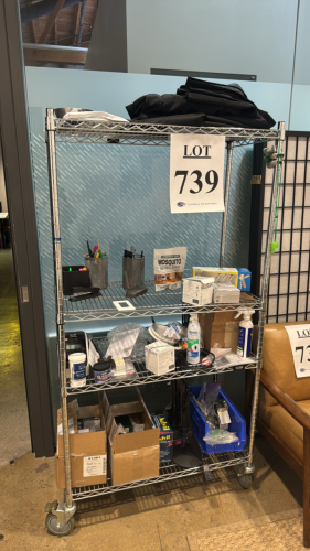 Assorted office supplies with rack