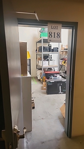 LOT OF ROOM, INCLUDING ASSORTED CABLES, ROUTERS; SPEAKERS, POWER STRIPS, DOCKS, SHELVES, CONTAINERS, CARDS, AND MISCELLANEOUS EQUIPMENT