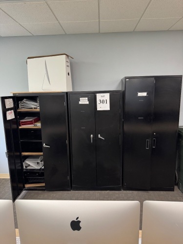 (3) STORAGE CABINETS AND (2) 4 DRAWER FILE CABINETS