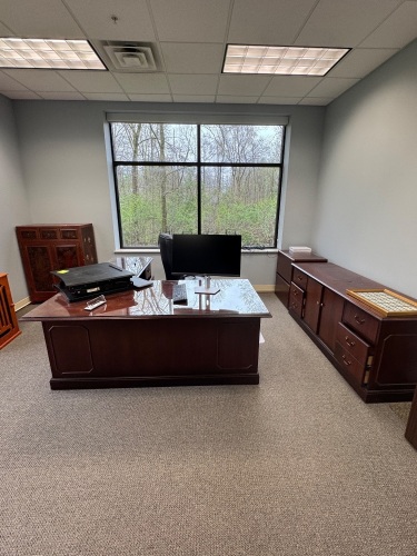 CONTENTS OF OFFICE, DESK WITH CREDENZA AND RIGHT RETURN, ROUND TABLE, OFFICE CHAIRS, AND 3 SMALL CABINETS