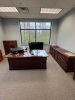 CONTENTS OF OFFICE, DESK WITH CREDENZA AND RIGHT RETURN, ROUND TABLE, OFFICE CHAIRS, AND 3 SMALL CABINETS