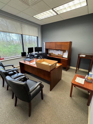 CONTENTS OF OFFICE, DESK WITH CREDENZA AND HUTCH, OFFICE CHAIRS, AND 3 SMALL TABLES