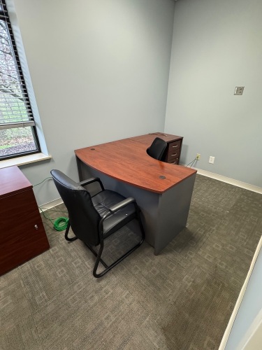 CONTENTS OF OFFICE, DESK WITH RIGHT RETURN, OFFICE CHAIRS, AND LATERAL CABINET