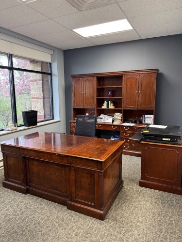 CONTENTS OF OFFICE, DESK WITH CREDENZA AND HUTCH, ROUND TABLE, OFFICE CHAIRS, COMPUTER DESK, AND REFRIGERATOR