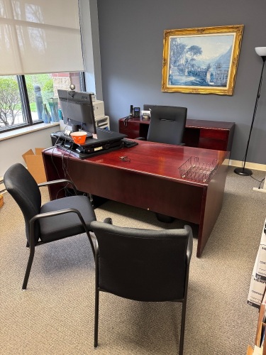CONTENTS OF OFFICE, DESK WITH CREDENZA, BOOKCASE, OFFICE CHAIRS, LATERAL CABINETS AND FILE CABINET (DELAYED PICK UP TILL 5/21/25)