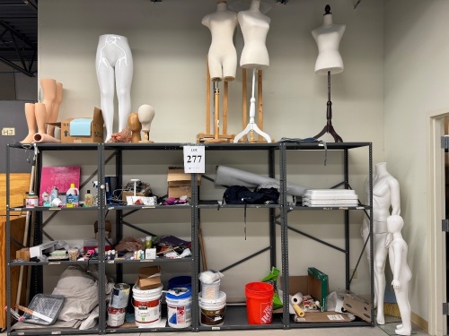 CONTENTS OF SHELVING, ASSORTED DECORATIONS, MANNEQUINS, CLOTHING, SHOES, PAINT, ETC.