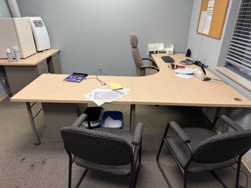 CONTENTS OF OFFICE DESK WITH RIGHT RETURN, CHAIRS, CABINETS, CART, BOOKCASE, MICROWAVE, REFRIGERATOR AND AC UNITS