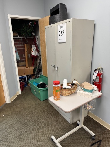 (LOT) STORAGE CABINET WITH CONTENTS, HOLIDAY DECORATIONS, SMALL REFRIGERATOR, SMALL CABINET, MICROWAVE AND COFFEE MACHINES