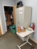 (LOT) STORAGE CABINET WITH CONTENTS, HOLIDAY DECORATIONS, SMALL REFRIGERATOR, SMALL CABINET, MICROWAVE AND COFFEE MACHINES