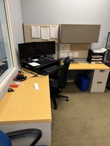 LOT) CONTENTS OF OFFICE, 2 DESKS, CHAIRS, AND BOOKCASE (DELAYED PICK UP TILL 5/21/25)