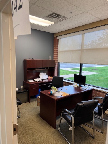 LOT) CONTENTS OF OFFICE, DESK WITH CREDENZA AND HUTCH, CHAIRS, BOOKCASE, AND SMALL REFRIGERATOR (DELAYED PICK UP TILL 5/21/25)