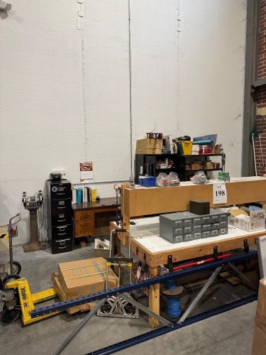 (LOT) ASSORTED SPARE PARTS, BELTS, ELECTRICAL WIRE, WHEELS, BREAKERS, SENSORS, MOTORS, LADDER, RACKS, WORK BENCH, CABINET AND DESK