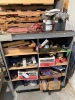 (LOT) ASSORTED SPARE PARTS, BELTS, ELECTRICAL WIRE, WHEELS, BREAKERS, SENSORS, MOTORS, LADDER, RACKS, WORK BENCH, CABINET AND DESK - 7