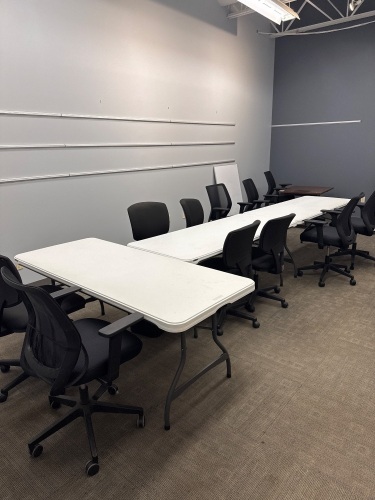 (12) OFFICE CHAIRS, 5 FOLDABLE TABLES AND 2 FILE CABINETS