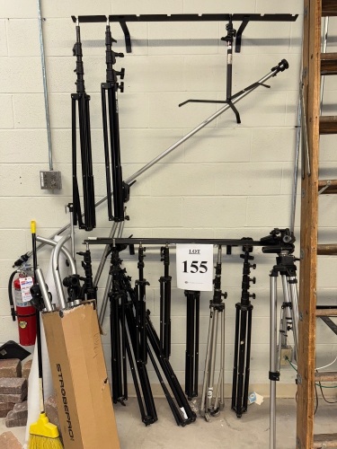 (LOT) ASSORTED STUDIO TRIPODS AND WALLMOUNT RACKS