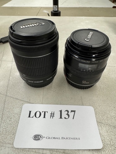 (1) CANON COMPACT-MACRO LENS EF 50MM 1:25 AND (1) CANON EFS 18-55MM IMAGE STABILIZER MACRO 0.25M/0.8FT LENS