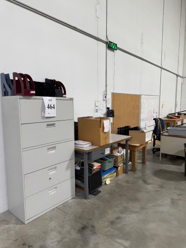 (LOT) ASSORTED OFFICE FURNITURE, DESKS, CABINETS, TABLES AND CHAIRS