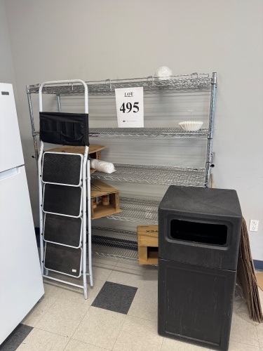(LOT) ASSORTED RAcKS, LADDERS, TABLES, CHAIRS AND TRASH CANS