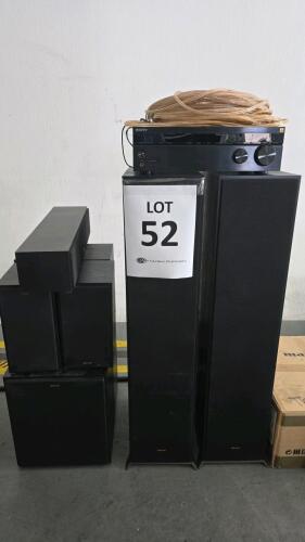 KLIPSCH COMPLETE SURROUND SYSTEM, (2) R-280F FLOOR SPEAKERS, (1) R-34C CENTER SPEAKER, (4) R-51M BOOKSHELF SPEAKERS, (1)R120SW SUBWOOFER W/SONY STR-DH790 RECEIVER