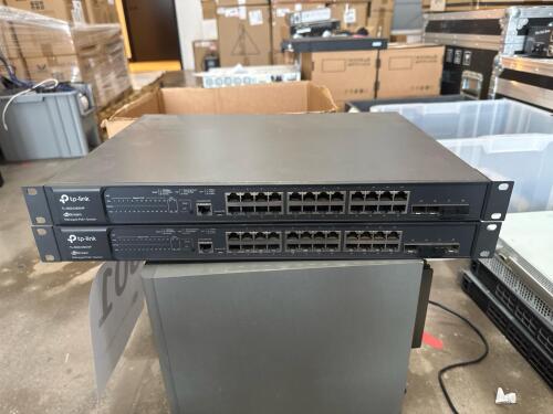 (2) TP-Link JetStream 24-Port Gigabit and 4-Port 10GE SFP+ L2+ Managed Switch with 24-Port PoE+, model number TL-SG3428XMP.