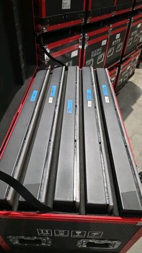 LOT OF 5, LED FLOOR TILES V1, 2.95LOT OF 5, .5 X 1M, PIXED PITCH, W/ FLOOR FEET AND FLIGHT CASE ( SOME GOOD AND BAD PIX)