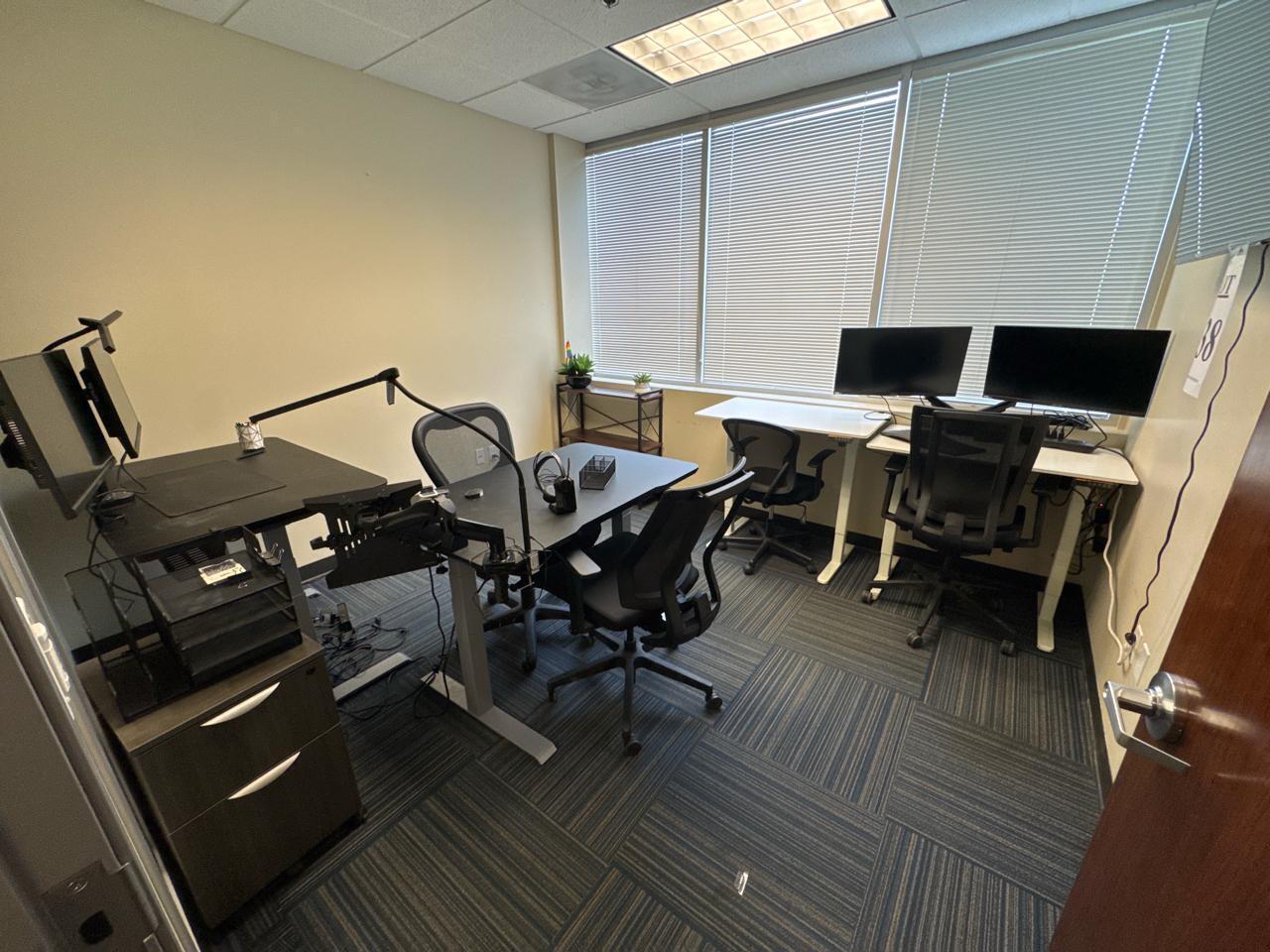 Room of assorted (4) high rise tables, (4) monitors,(2) dual monitor ...