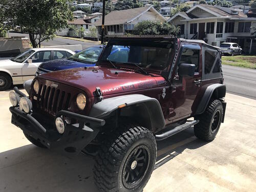 2007 Jeep Wrangler, Vin # 1J4FA24177I197239, 80,500 miles, 4 wheel Drive, Power Windows, Running Boards, Custom Front Bumper and Grill Guard w/ Off Road Lighting, Wheel Flares, Viper Alarm, Over sized off road tires w/Custom Rims, New tires 6 Months ago, 