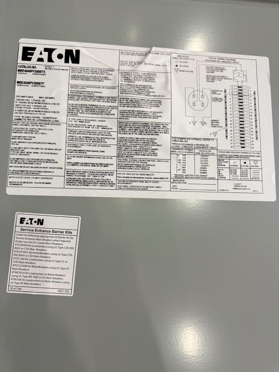 (7)EATON SOLAR READY METER BREAKER PANEL; MODEL: MBE4040PV200BTF; 200A