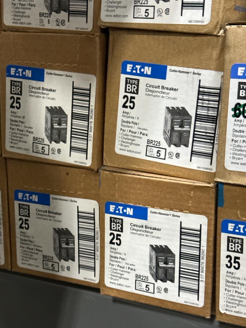 LOT OF ASSORTED EATON CIRCUIT BREAKERS; MODELS: BR215, BR225, BR235