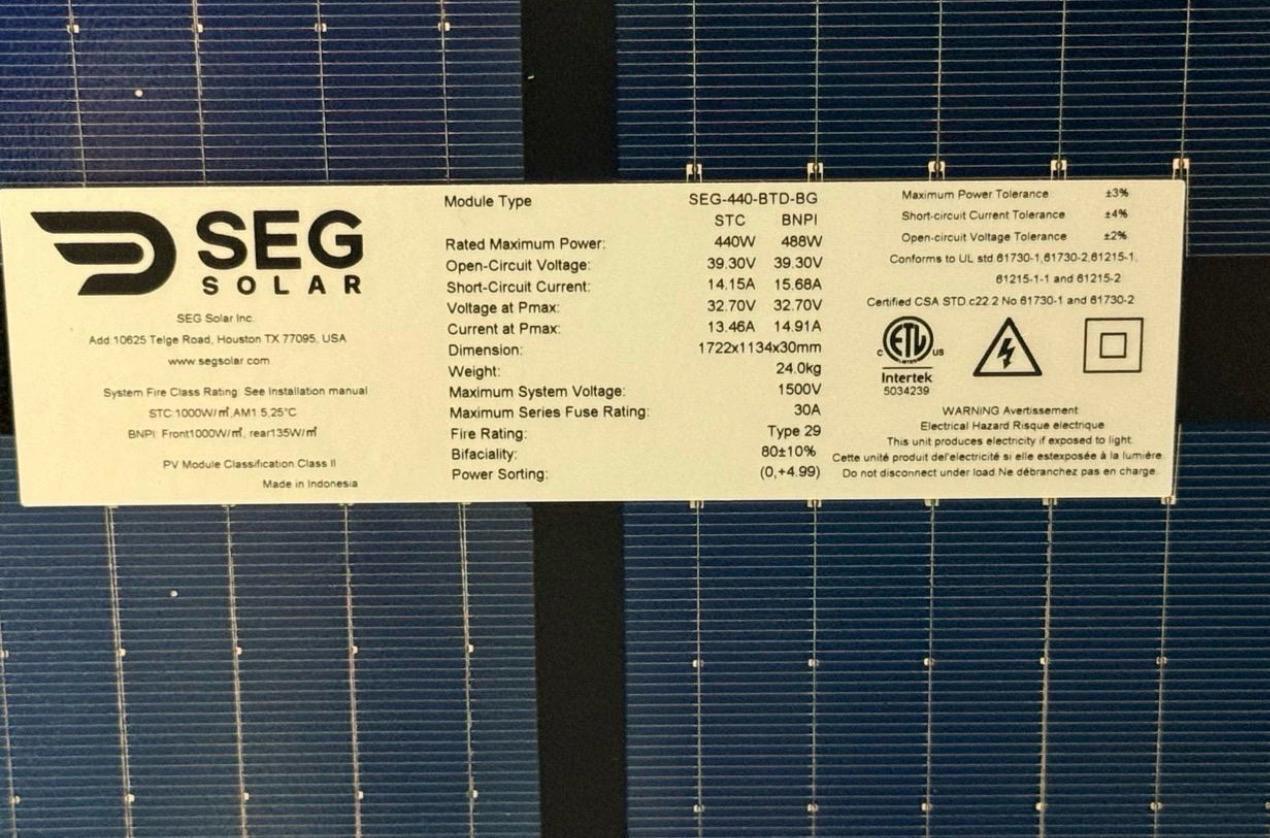 (36) SEG SOLAR PANELS 440WATT ; MODEL: SEG-440-BTD-BG; CELL: 108
