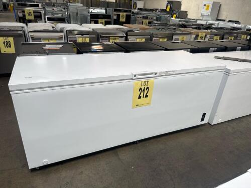 Frigidaire FFCL2542AW 24.9 cu ft chest freezer, manual defrost, 83 1/8" width, 31 1/2" depth, 31 3/4" height, 115V, 2.3A, R600a refrigerant, exterior temperature controls, removable baskets, power-on indicator, front drainage port, manufactured June 2023,