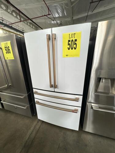 Caf&eacute; CJE23DP4WBW2 23.1 cu. ft. Smart Counter-Depth 4-Door French Door Refrigerator, featuring WiFi connectivity, matte white finish with brushed bronze handles, ENERGY STAR rating, internal water and ice dispenser, adjustable glass shelves, LED lighting, 