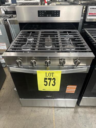 Premier 30" Stainless Steel Gas Range, Model WFGS5030RS0, features a 4-burner cooktop, 3.9 cu. ft. oven capacity, convertible for natural gas or propane, electronic ignition, heavy-duty grates, 120V electrical, 78,000 BTU total output, CSA and UL certifie