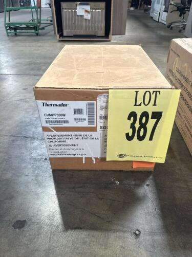 Thermador CHMHP366W 6" Stainless Steel Duct Cover for 36" Chimney Wall Hoods, dimensions: 20 7/8" W x 14 1/16" D x 6" H, net weight: 3 lbs, compatible with Thermador Professional 36-inch wide chimney wall hoods, serial number: 395060200102000154.