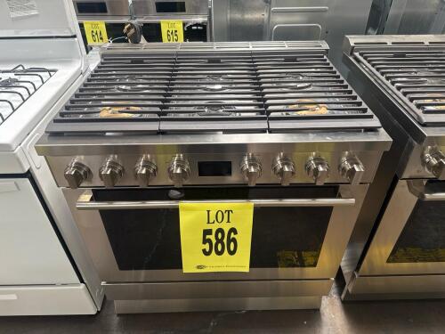 Electrolux ECFD3668AS 36" Dual-Fuel Freestanding Range featuring 6 burners, True Convection oven, integrated Temperature Probe, One Hour Steam Clean cycle, Soft Close Door, continuous grates, and sleek stainless steel design. Serial Number: SM10500501.